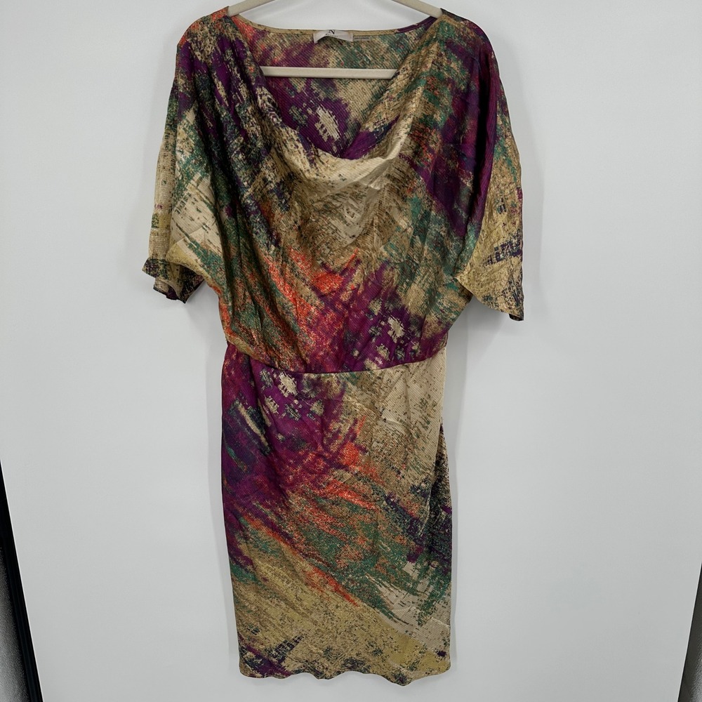 Natori Abstract Print Cowl Neck Dolman Sleeve‎ Midi Dress Women Large Chic Glam